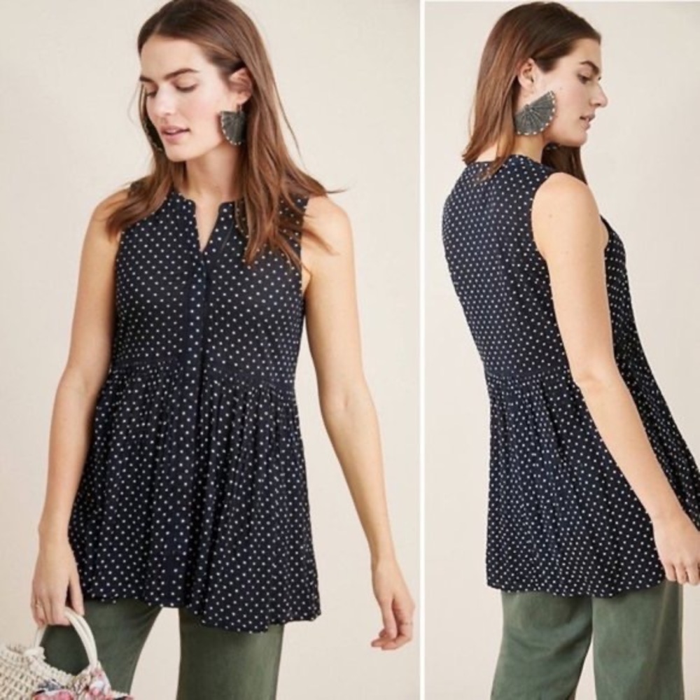 Anthropologie Nia Sleeveless Black and White Polka Dot Button Down Tunic Top